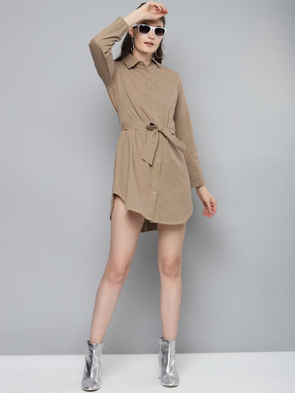 Women's Beige Belted Shirt Dress