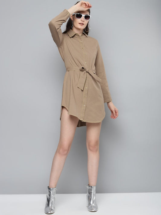 Women's Beige Belted Shirt Dress