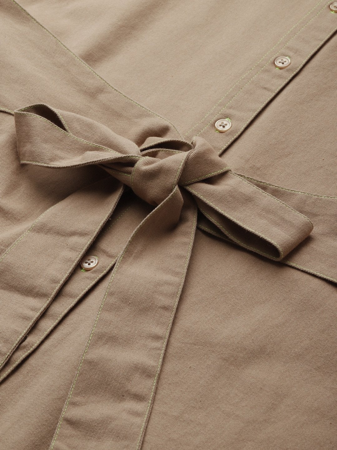 Women's Beige Belted Shirt Dress