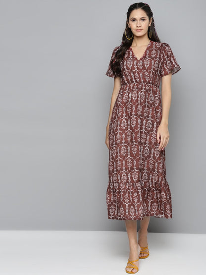 Women's Maroon Floral Wrap Frill Hem Maxi