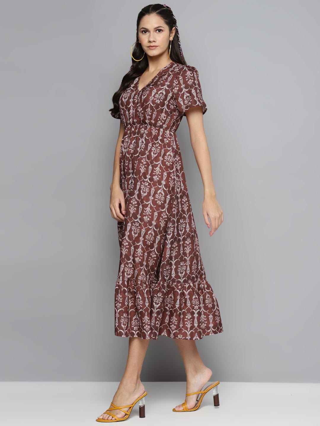 Women's Maroon Floral Wrap Frill Hem Maxi
