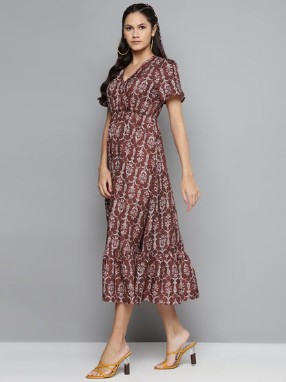 Women's Maroon Floral Wrap Frill Hem Maxi