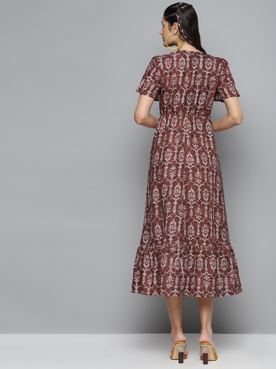 Women's Maroon Floral Wrap Frill Hem Maxi