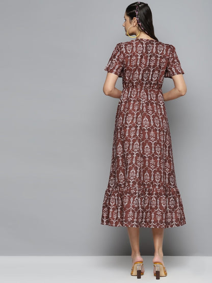 Women's Maroon Floral Wrap Frill Hem Maxi