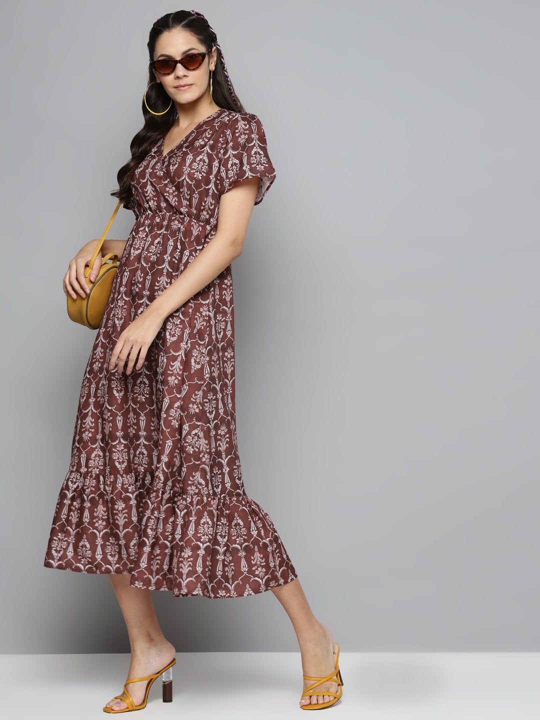 Women's Maroon Floral Wrap Frill Hem Maxi