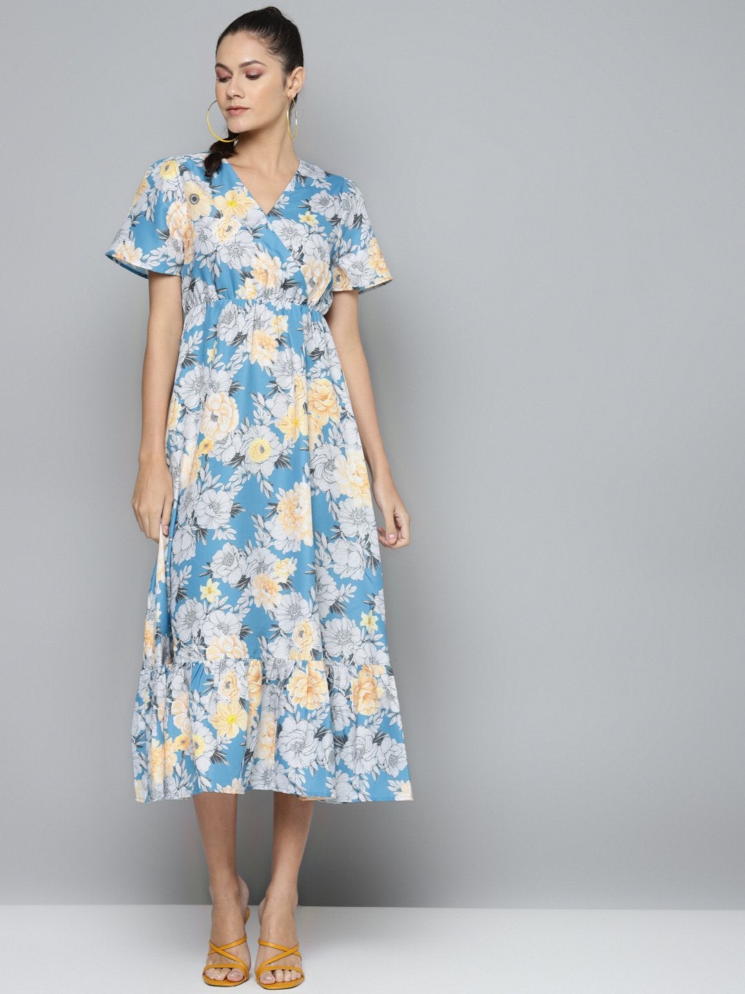 Women's Blue & Yellow Floral Wrap Frill Hem Maxi