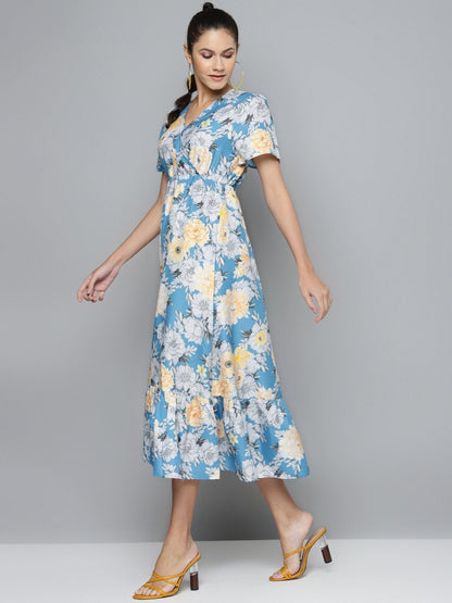 Women's Blue & Yellow Floral Wrap Frill Hem Maxi