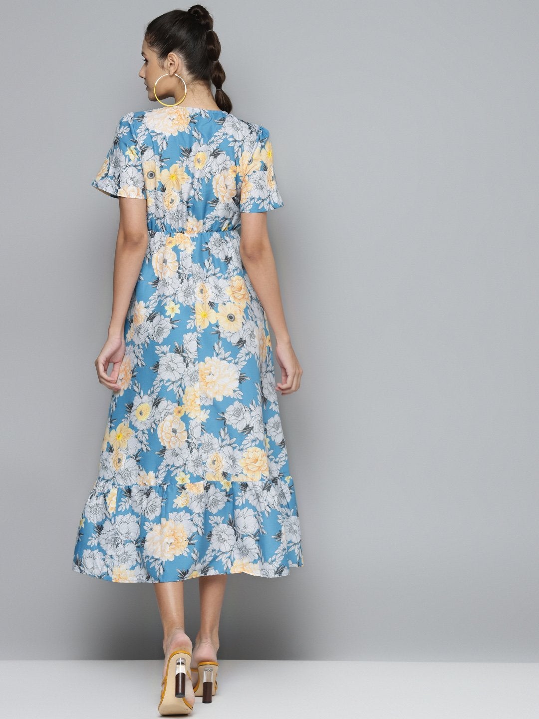Women's Blue & Yellow Floral Wrap Frill Hem Maxi
