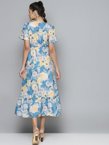 Women's Blue & Yellow Floral Wrap Frill Hem Maxi