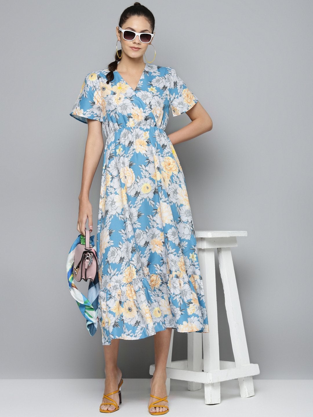 Women's Blue & Yellow Floral Wrap Frill Hem Maxi