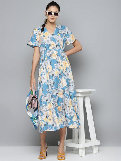 Women's Blue & Yellow Floral Wrap Frill Hem Maxi