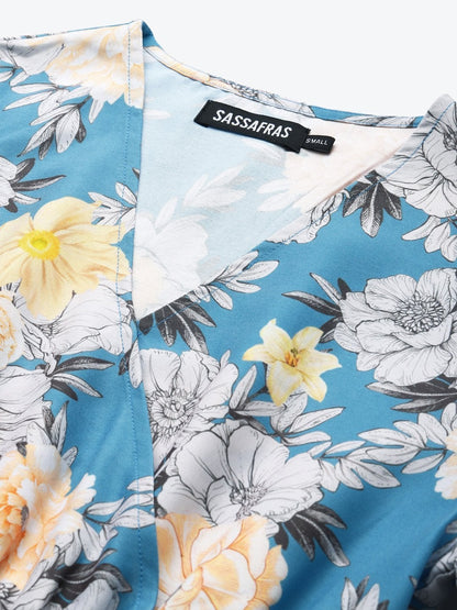 Women's Blue & Yellow Floral Wrap Frill Hem Maxi