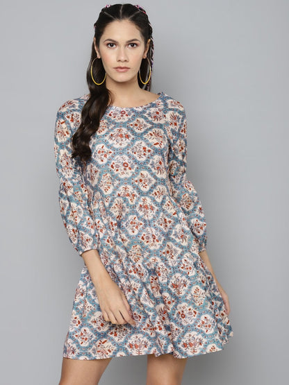 Women's Blue & Beige Floral Tiered Skater Dress
