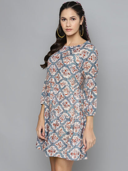Women's Blue & Beige Floral Tiered Skater Dress