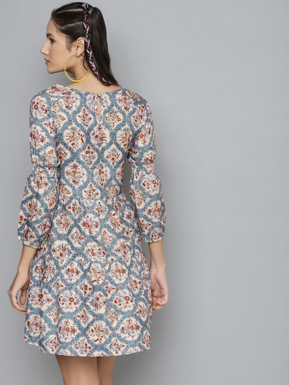 Women's Blue & Beige Floral Tiered Skater Dress