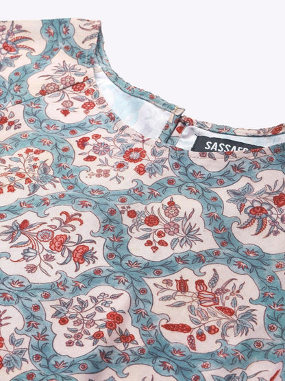 Women's Blue & Beige Floral Tiered Skater Dress