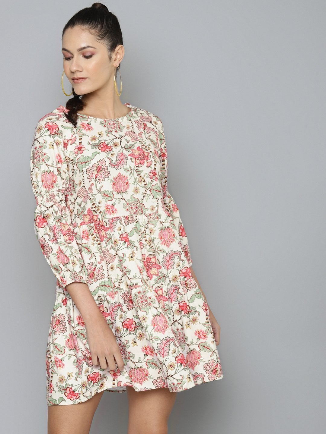 Women's Beige & Red Floral Tiered Skater Dress