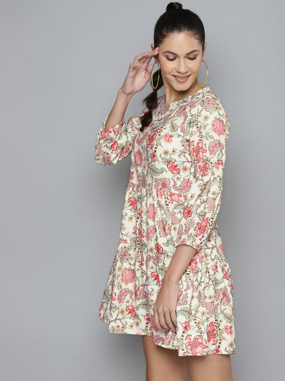 Women's Beige & Red Floral Tiered Skater Dress