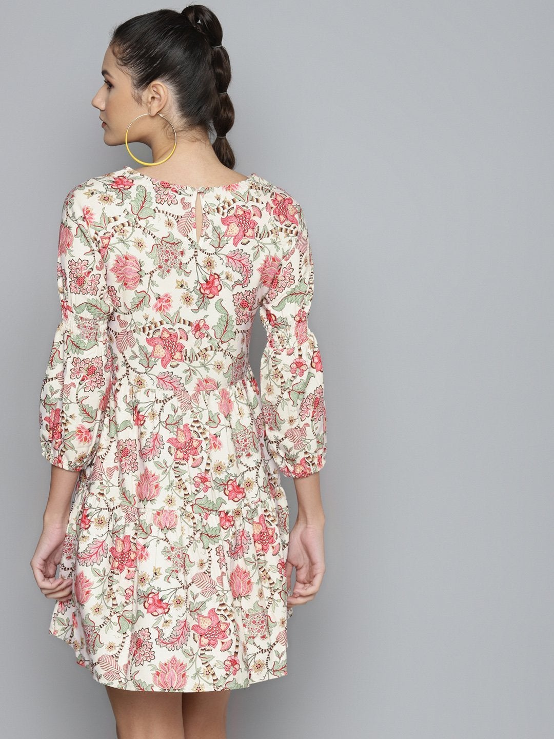 Women's Beige & Red Floral Tiered Skater Dress