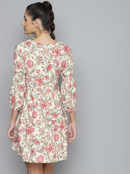 Women's Beige & Red Floral Tiered Skater Dress