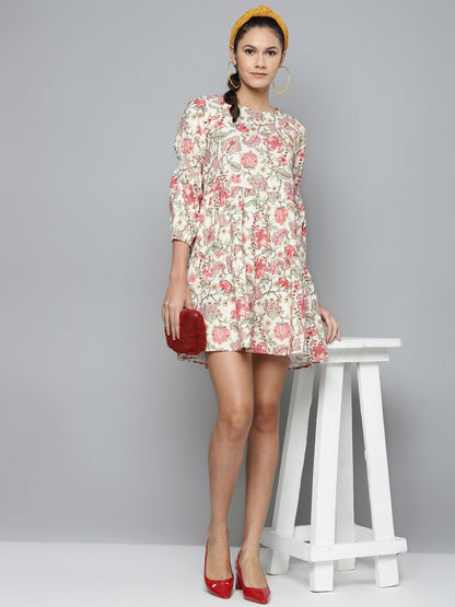 Women's Beige & Red Floral Tiered Skater Dress