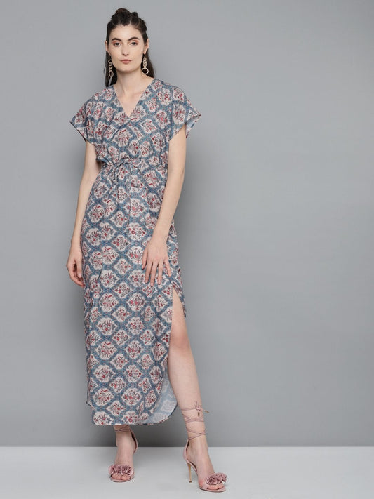 Women's Blue & Beige Floral Drawstring Maxi Dress