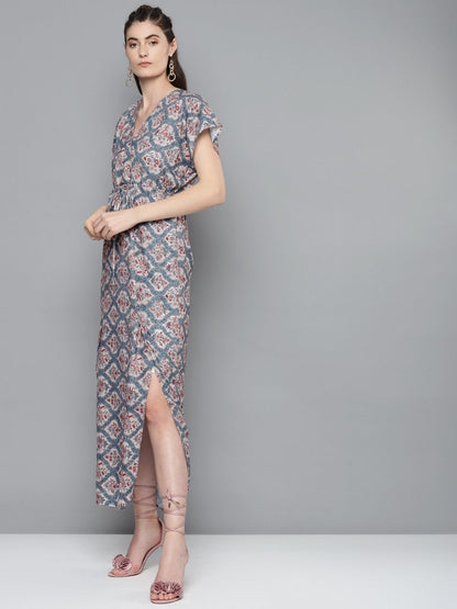Women's Blue & Beige Floral Drawstring Maxi Dress