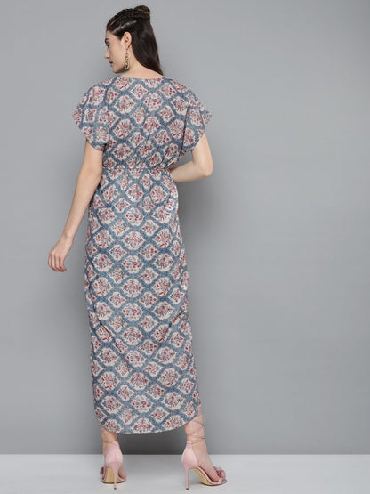 Women's Blue & Beige Floral Drawstring Maxi Dress