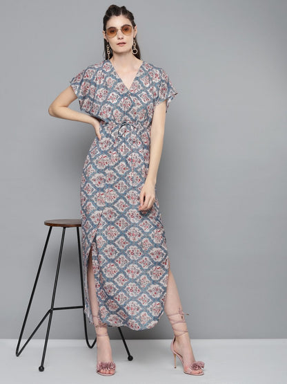 Women's Blue & Beige Floral Drawstring Maxi Dress