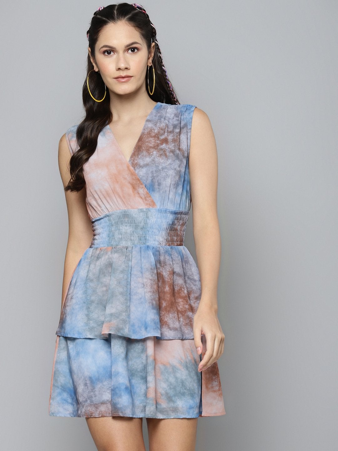 Women's Blue & Brown Tie-Dye Print Smocking Dress