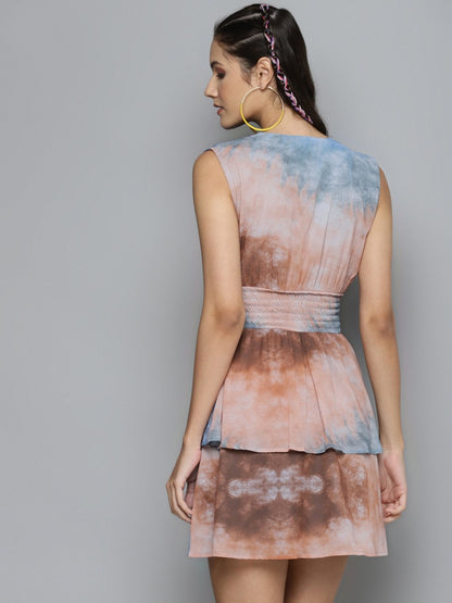 Women's Blue & Brown Tie-Dye Print Smocking Dress