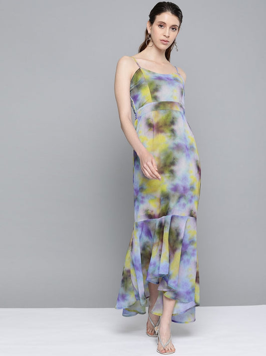 Women's Yellow & Purple Tie-Dye Print Strappy Maxi