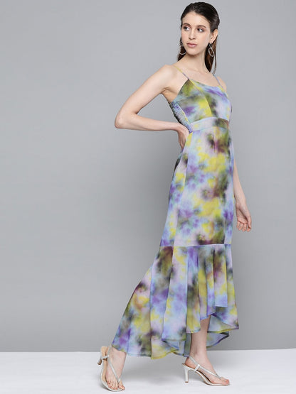 Women's Yellow & Purple Tie-Dye Print Strappy Maxi