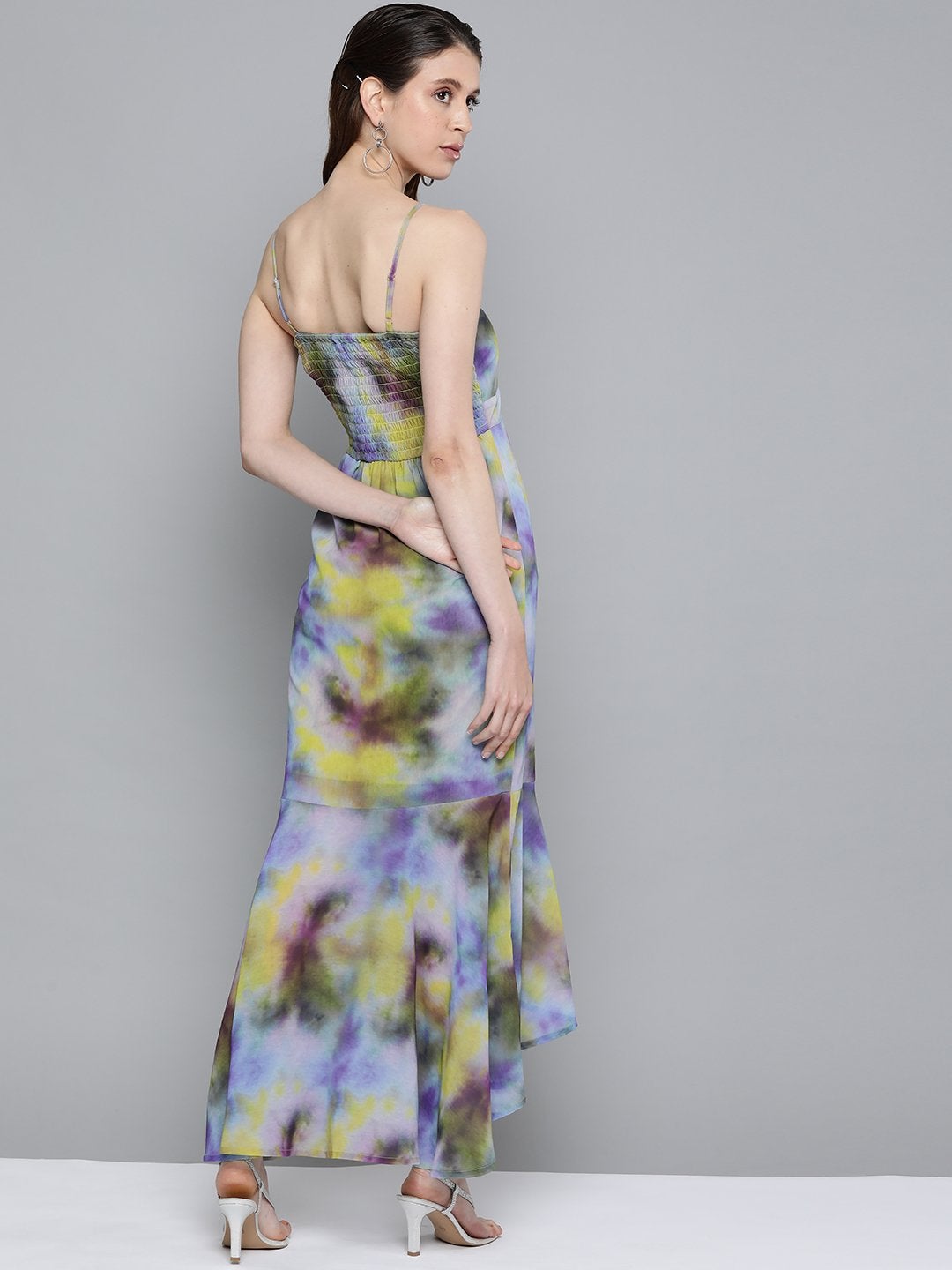 Women's Yellow & Purple Tie-Dye Print Strappy Maxi