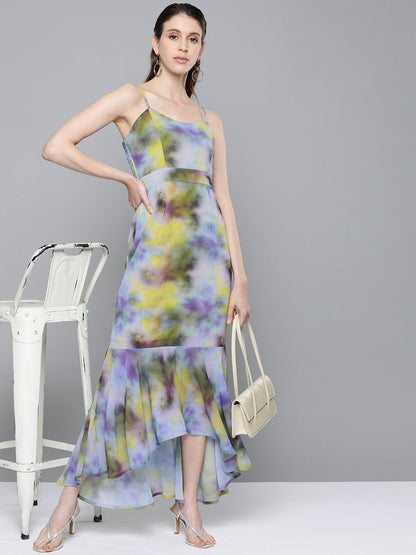 Women's Yellow & Purple Tie-Dye Print Strappy Maxi