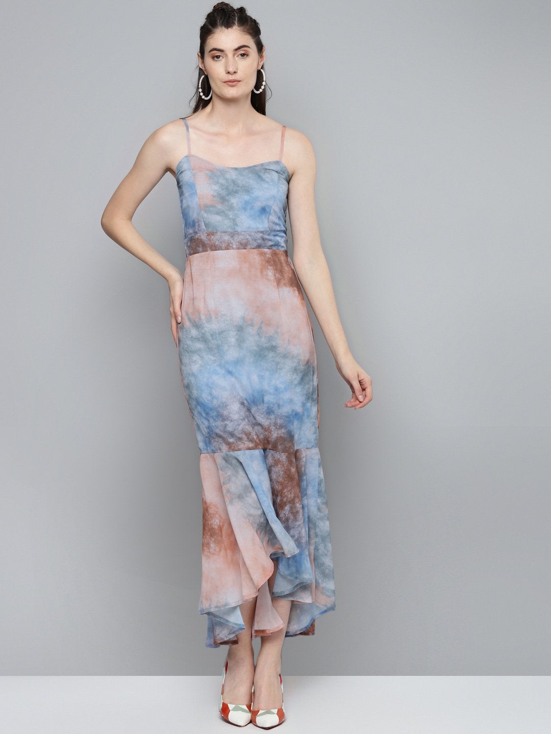 Women's Blue & Brown Tie-Dye Print Strappy Maxi