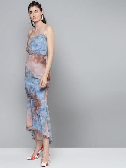Women's Blue & Brown Tie-Dye Print Strappy Maxi