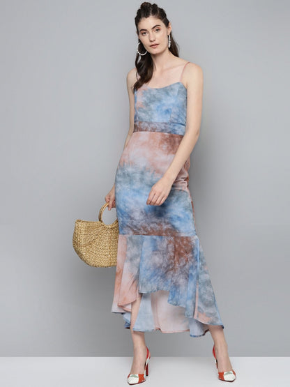 Women's Blue & Brown Tie-Dye Print Strappy Maxi