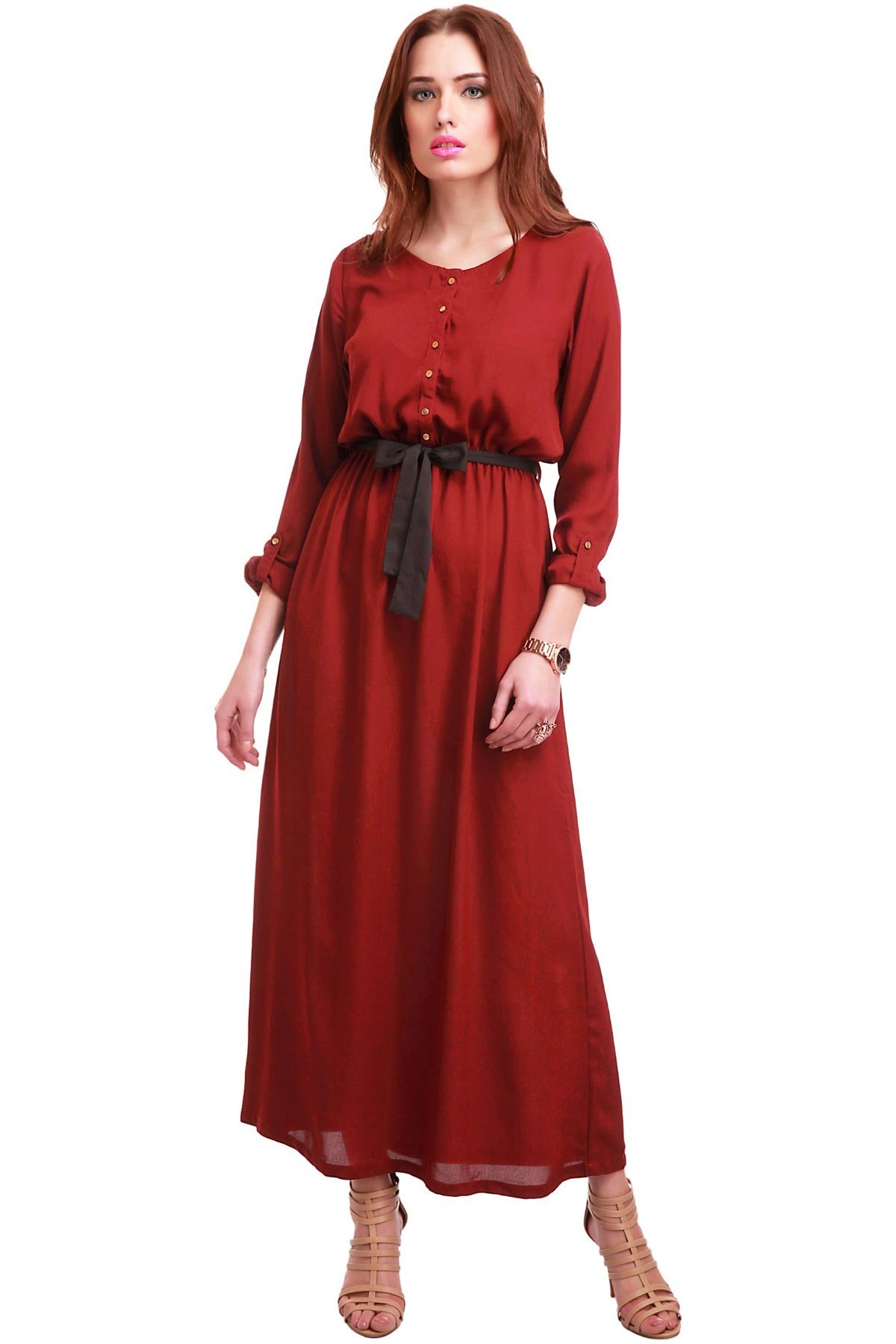 Women's Maroon Belted Maxi Dress