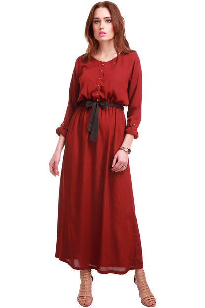 Women's Maroon Belted Maxi Dress