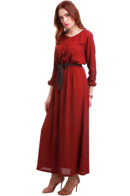 Women's Maroon Belted Maxi Dress