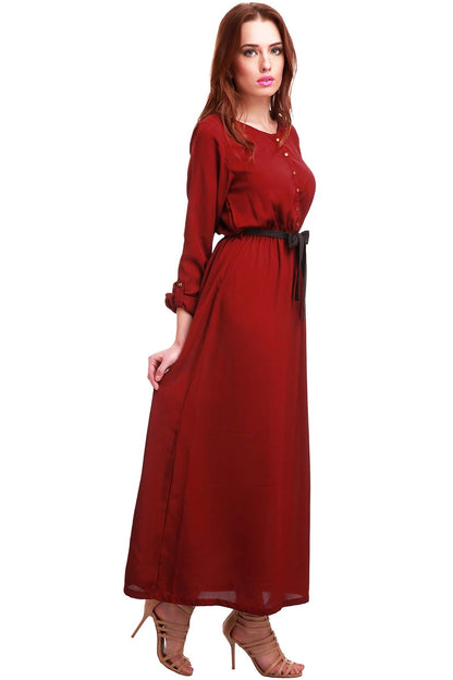 Women's Maroon Belted Maxi Dress