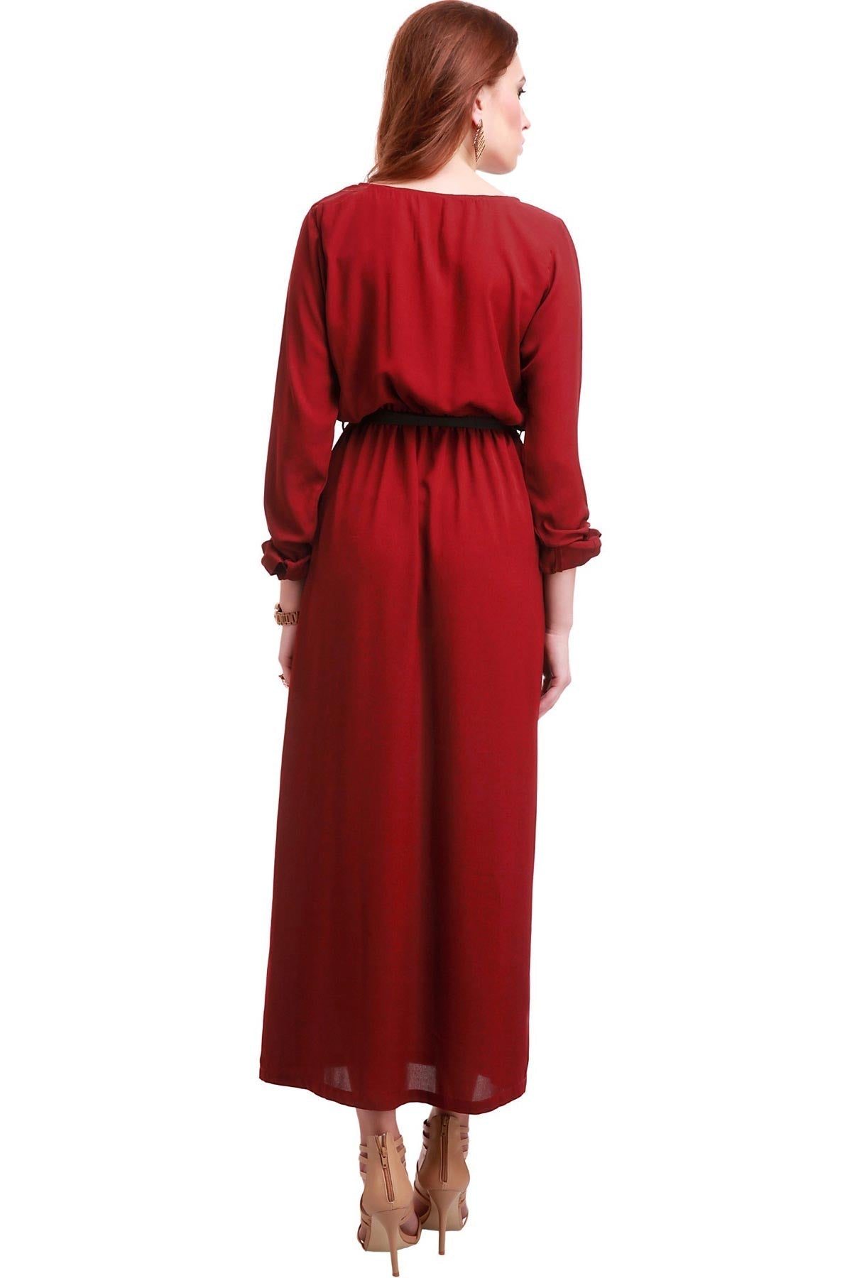 Women's Maroon Belted Maxi Dress