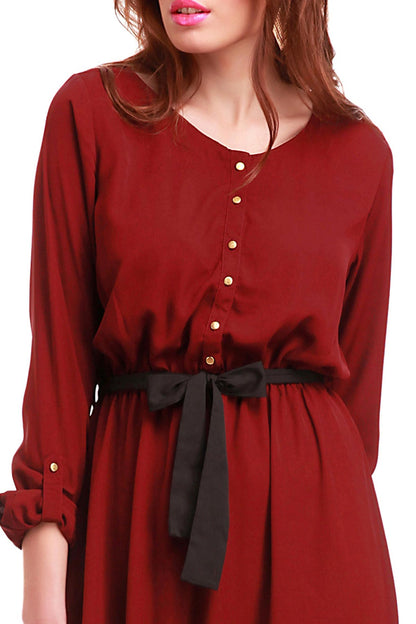Women's Maroon Belted Maxi Dress