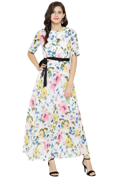 Women's White Floral Belted Maxi Dress