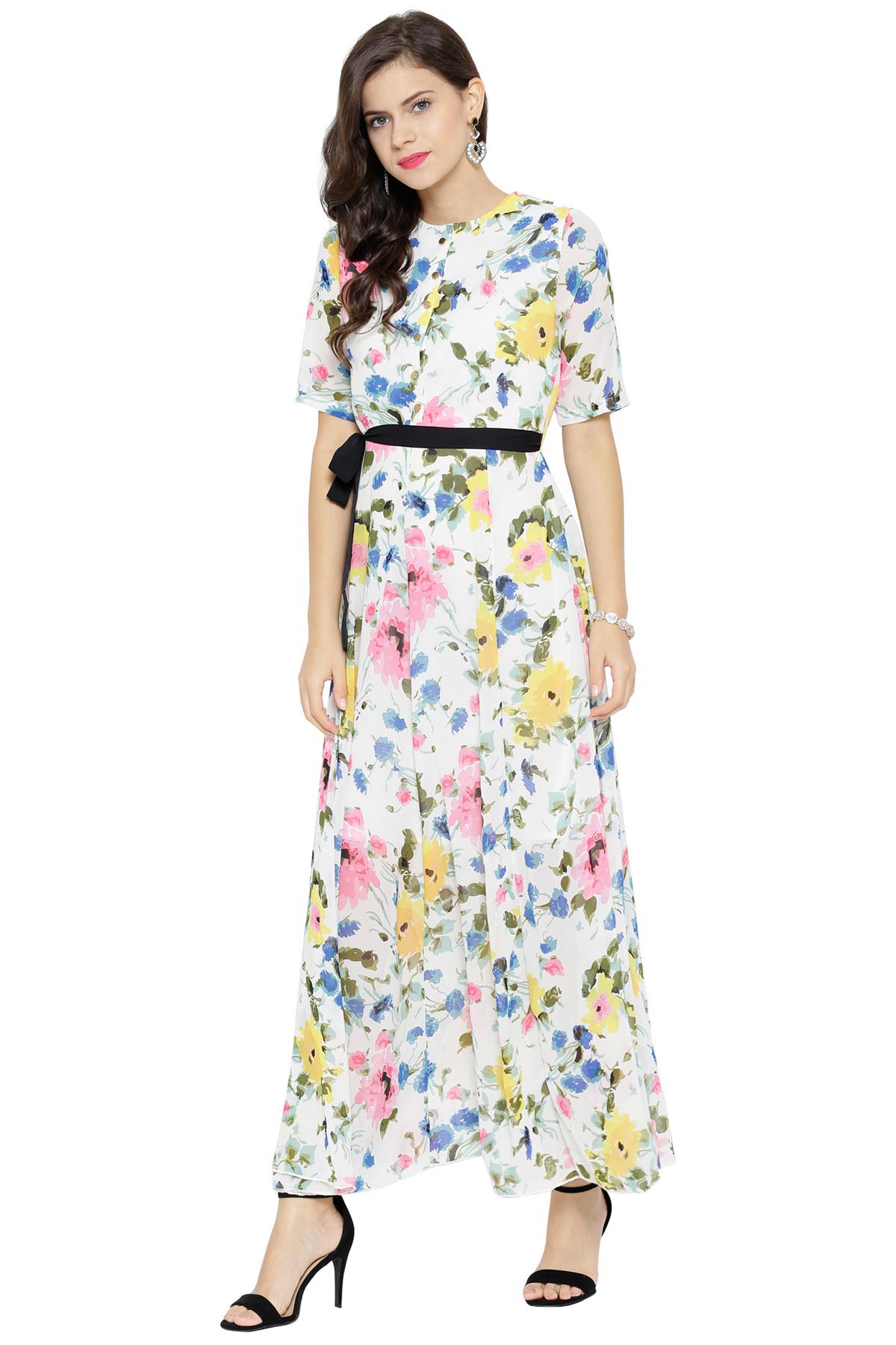 Women's White Floral Belted Maxi Dress