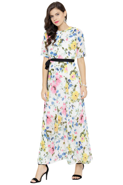 Women's White Floral Belted Maxi Dress
