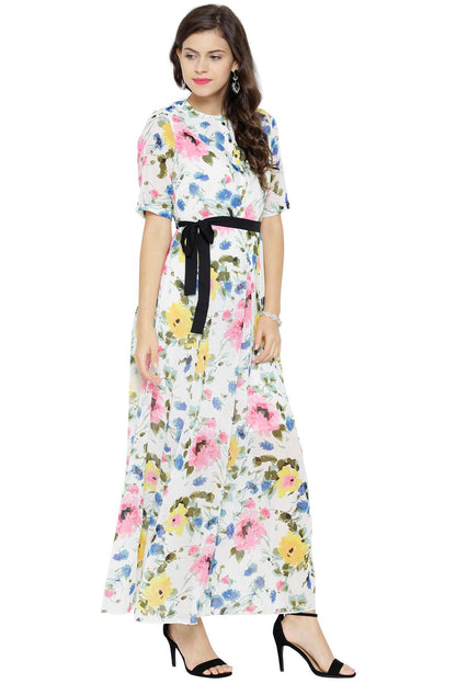 Women's White Floral Belted Maxi Dress