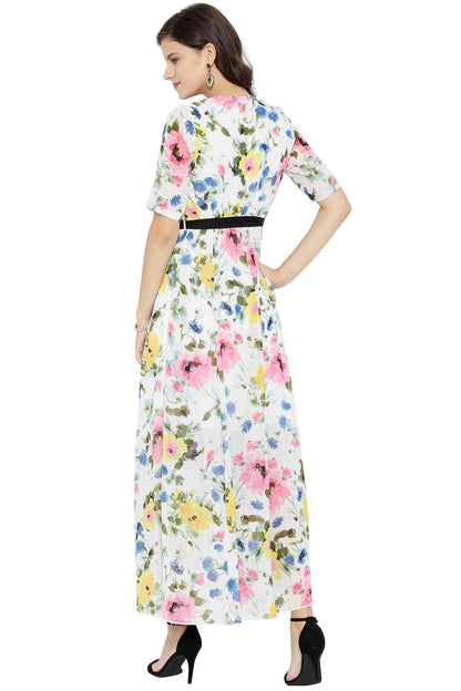 Women's White Floral Belted Maxi Dress