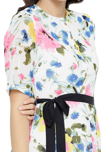 Women's White Floral Belted Maxi Dress
